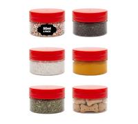 AXXTAN 6 x 50ml Plastic Storage Jars with Screw Top Lids Airtight Food Storage Containers BPA Free for Kitchen, Herb, Spices, Sweets Clear Canister Pots, Clear/Red Lid, 50ml Storage Jar