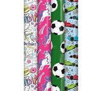 AXXTAN Birthday Wrapping Paper Roll - 4 x 3M Recyclable Gift Wrap Set with Colourful, Tear-Resistant Designs - Perfect for Wrapping Presents for Kids, Adults, Women, Men & Party Decorations