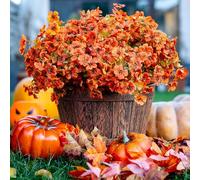 AXYLEX Artificial Mums Fall Flowers for Outdoors Fake Plants - 16 Bundles Faux Outside Greenery Boxwood No Fade Plastic Shrubs Decor Farmhouse Home Garden Thanksgiving (OrangeGreen)