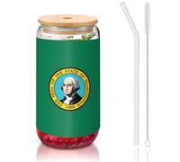 axzttupy Washington Flag Print 16 Oz Bamboo Lid Straw Glass Cup for Water Coffee Tea Cold Travel Home Office Use