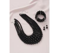 (AYAblack) Punk Pearl Jewelry Set for Women Multi Layered Imitation Pearl Choker Necklace Bracelet Drop Earring Set