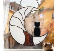 Ayadon Cat Memorial Suncatcher, Handmade Stained Glass Window Haninging Suncatcher, Pet Memorial Gift for Cat Loss, Sympathy Gift with Moon & Tree of Life for Pet Lovers
