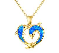 Ayafee 14K Real Gold Dolphin Necklace Blue Opal Eternal Love Heart Dolphin Pendant Necklace Ocean Jewelry Gift for Mom Wife Girlfriend Metal Unknown
