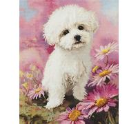 AYAOYANGGO Animal Cross Stitch Set Patterns White Dog and Flowers Pre Printed Cross Stitch Kits for Adults,DIY Wall Art Decor for Beginners 11CT 80x100cm