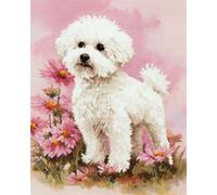 AYAOYANGGO Animal Crossstitch Kits for Adults White Dog and Flowers DIY Cross Stitch Set with Pre-Printed Embroidery Fabric，Scissors，Embroidered Thread 11CT 80x100cm