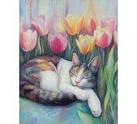 AYAOYANGGO DIY Bead Cross Stitch Kits Cat Animal and Tulip Flowers Cross Stitch Needlepoint Handcraft Tapestry Kit Beaded Stitching Pattern 3D Embroidery Set 9CT 50x60cm