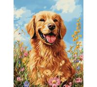 AYAOYANGGO DIY Beaded Cross Stitch Kits Golden Retriever and Flowers Bead Embroidery Kit for Adults Needlepoint Tapestry Set Beaded Stitching 9CT 40x50cm