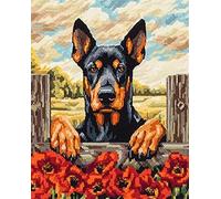 AYAOYANGGO DIY Beading Embroidery Kit Doberman Pinscher and Flowers Cross Stitch Needlepoint Handcraft Tapestry Kit Beaded Stitching Pattern 3D Embroidery Set 9CT 50x60cm