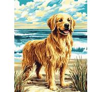 AYAOYANGGO DIY Dog Animal Tapestry Kit Golden Retriever at The Beach Cross Stitch Rug Making Kit,Carpet Crochet Kits Embroidery Set Needlework Crafts for Home Decor 21x29in