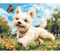 AYAOYANGGO DIY Embroidery Beads Set White Dog and Butterfly Beadwork Craft Kit for Beginners,Needlework Set,Preprint Pattern Decor Wall Art 9CT 50x60cm