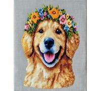 AYAOYANGGO DIY French Embroidery Kit with Beads Cartoon Golden Retriever Cross Stitch Needlepoint Handcraft Tapestry Kit Beaded Stitching Pattern 3D Embroidery Set 9CT 50x60cm