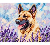 AYAOYANGGO DIY French Embroidery Kit with Beads German Shepherd and Lavender Flowers Beadwork Craft Kit for Beginners,Needlework Set,Preprint Pattern Decor Wall Art 9CT 60x80cm