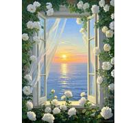 AYAOYANGGO DIY French Embroidery Kit with Beads White Rose Scenery by The Window Beadwork Craft Kit for Beginners,Needlework Set,Preprint Pattern Decor Wall Art 9CT 60x80cm