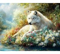 AYAOYANGGO Embroidery Kits for Adults Wolf by The River Animal Oil Painting DIY Cross Stitch Kits,Easy Patterns Embroidery Kits for Adults Beginners Gifts 11CT 40x50cm