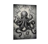 AYAROS Interesting Octopus Painting Poster Nautical Map Vintage Animal Canvas Wall Art Prints Painting for House Room