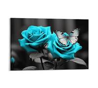 AYAROS Light Blue Rose Canvas Wall Art for Bedroom | Beautiful Butterfly Nature Plant Contemporary Wall Decor Artwork for Room Office