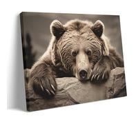AYAROS Modern Brown Bear Canvas Wall Art Retro Cute Stone Animal Posters Wall Decor Painting Art for Home Room Stretched And Framed Artwork Ready to Hang Home Decor Framed 16x24 inch