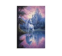 AYAROS White Unicorn Wall Art Canvas Poster Pink Sky Fantasy Castle Animal Wall Decor Poster Dormitory Decor Painting Art