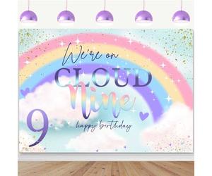 Ayayiya On Cloud 9 Birthday Decorations Backdrop 7x5ft Dreamy Rainbow Clouds Happy 9th Birthday Background for Girls We're On Cloud 9 Party Iridescent Nine Year Old Bday Cake Table Banner