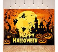 Ayayiya Spooky Orange Happy Halloween Backdrop Banner Party Decorations,Halloween Photo Backdrops Pumpkin Moon Haunted House Background for Kid Adult Trunk or Treat Birthday Party Decor Supplies 8x6ft