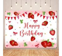 Ayayiya Strawberry Birthday Backdrop Banner,Red Strawberry Shortcake Coquette Bow Birthday Backdrops Party Decorations Background for Girls Berry First Bday Cake Table Supplies Photo Booth Props 7x5ft