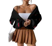 AYAZER 2023 and Winter Women's Front-Open Knitted Cardigan Cherry Jacquard Long-Sleeved Loose Sweater Short Sweater Cardigan-Black-L