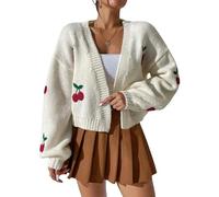 AYAZER 2023 and Winter Women's Front-Open Knitted Cardigan Cherry Jacquard Long-Sleeved Loose Sweater Short Sweater Cardigan-White-M