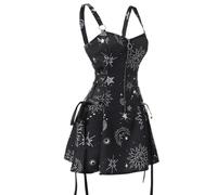 AYAZER Celestial Sun and Moon Print Lace Up Mini Dress Summer Gothic Women's Square Neck Tank Top-Black9801-M