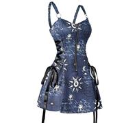 AYAZER Celestial Sun and Moon Print Lace Up Mini Dress Summer Gothic Women's Square Neck Tank Top-Deep Blue9801-S