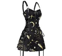 AYAZER Celestial Sun and Moon Print Lace Up Mini Dress Summer Gothic Women's Square Neck Tank Top-Golden9801-XXL