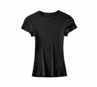 AYAZER European and American ins summer basic round neck short-sleeved T-shirt for women elastic slim slim threaded top solid color T-shirt-Black-S