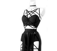 AYAZER Gothic Club Corset Sexy Skirt Set Mesh Backless Women's Sleeveless Dark Cropped Top Bandage Panties Skirt 3 Pieces-Black-S