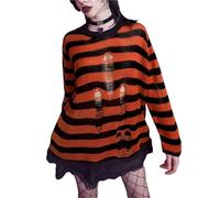 AYAZER Halloween Sweaters for Women Cyber y2k Clothes Striped O Neck Long Sleeve Tops with Hole Mall Goth Clothing Streetwear-As photo shows_b-M