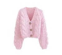 AYAZER Handmade Thick Knit Tops Women's Fashion Short Knitted Cardigan Sweater Retro Long Sleeve Women's Jacket Chic-Pink-One Size