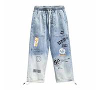 AYAZER Letter Print Jeans Men's Loose Graffiti Leggings ins Drawstring Pants-Light Blue-XL