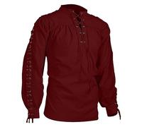 AYAZER Medieval Shirts Men Tunic Viking Pirate Costume Gothic Clothes Men Vintage Shirt Ruffle Neckline Drawstring Knight Cosplay Top-Wine-5XL