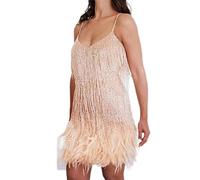 AYAZER New Sexy Tassel Sequin Feather Mini Dress Women Spaghetti Straps Stitching Dress Gown-Champagne LYQ63-XS