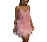 AYAZER New Sexy Tassel Sequin Feather Mini Dress Women Spaghetti Straps Stitching Dress Gown-Pink LYQ63-L