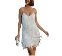 AYAZER New Sexy Tassel Sequin Feather Mini Dress Women Spaghetti Straps Stitching Dress Gown-White LYQ63-M