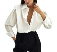 AYAZER Shirt Old Money Style Women Elegant Long Sleeve Patchwork Turn-down Collar White Shirt Casual Office Lady Vintage Blouse-White-L