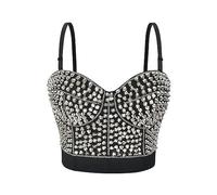 AYAZER Silver Rivets Spaghetti Strap Gothic Push Up Bra Steampunk Bralette Crop Top For Women Rave Rock Nightclub Bar Brassiere Femme-Black-M