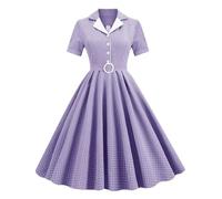 AYAZER Vintage Rockabilly Dress Swing Casual Summer Button Front Turn Down Collar Plaid Print Pinup Dresses with Belt-3-XL