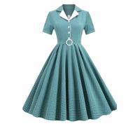AYAZER Vintage Rockabilly Dress Swing Casual Summer Button Front Turn Down Collar Plaid Print Pinup Dresses with Belt-1-M