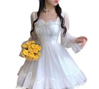 AYAZER White Kawaii Dress for Women Chiffon Lolita Long Sleeve Mini Dresses Bow Fairy Robe Ruffles Patchwork Square Collar Summer 2023-White-S