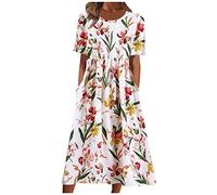 AYAZER Winter Dress for Women, Summer Midi Short Sleeve Elegant Cocktail Women Light Gown Flower Slim with Pocket Cocktail Polyester Crew Neck Cocktail Women Dark Green L