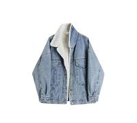 AYAZER Women's Lamb Wool Denim Jacket Korean Style Retro Single Breasted Fleece Denim Jacket Winter Fashion Casual Warm Thickened Jacket-Blue-M