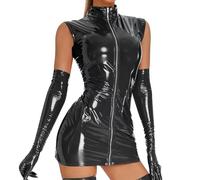 AYAZER Women's PVC Hip Cover Skirt Sexy Sleeveless Mirror Skirt - Black (No Gloves) - S