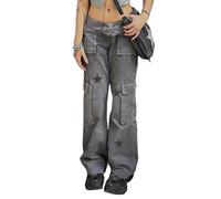 AYAZER Y2K Streetwear Pockets Up Cargo Jeans Grey Star Print Low Rise Gothic Straight Pants Denim Baggy Pant Vintage-A-M