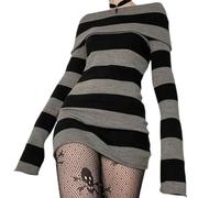 AYAZER Y2K Striped Sweater Mini Dress Mall Goth Grunge Emo Bodycon Chic Women Off Shoulder Full Sleeve Slim Fit Dresses 00s Vintage-Black-L