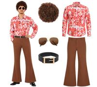 AYBUY 70s Disco Costume Set, 5PCS Hippie Men Outfit | Retro Flower Power Fancy Dress Costume, with Flared Pants Shirt, Wigs, Sunglasses, Belt, for 60s 70s Cosplay Halloween Party